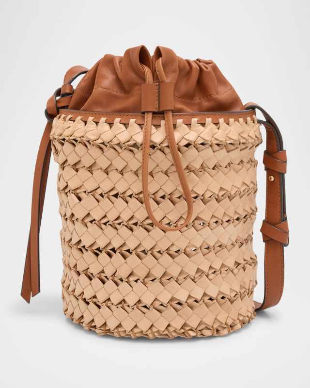 Imani Woven Leather Drawstring Bucket Bag